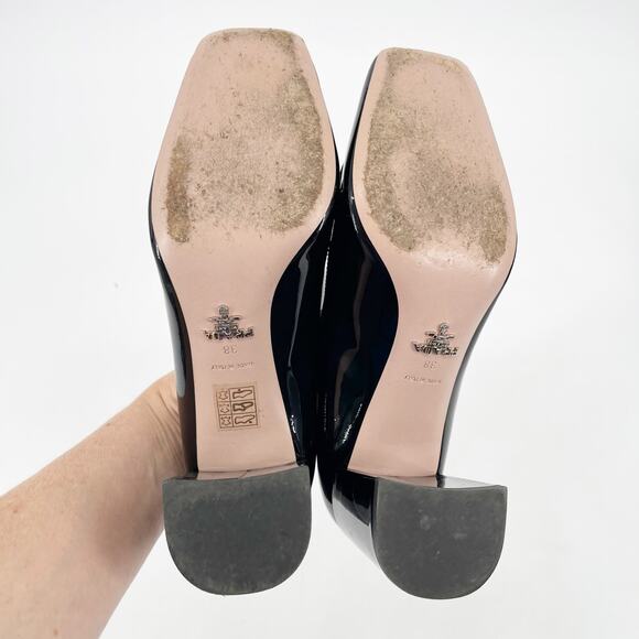 Prada Black Patent Vernice Metal Triangle Logo Block Heel Loafer Pumps IT 38 - Picture 13 of 14